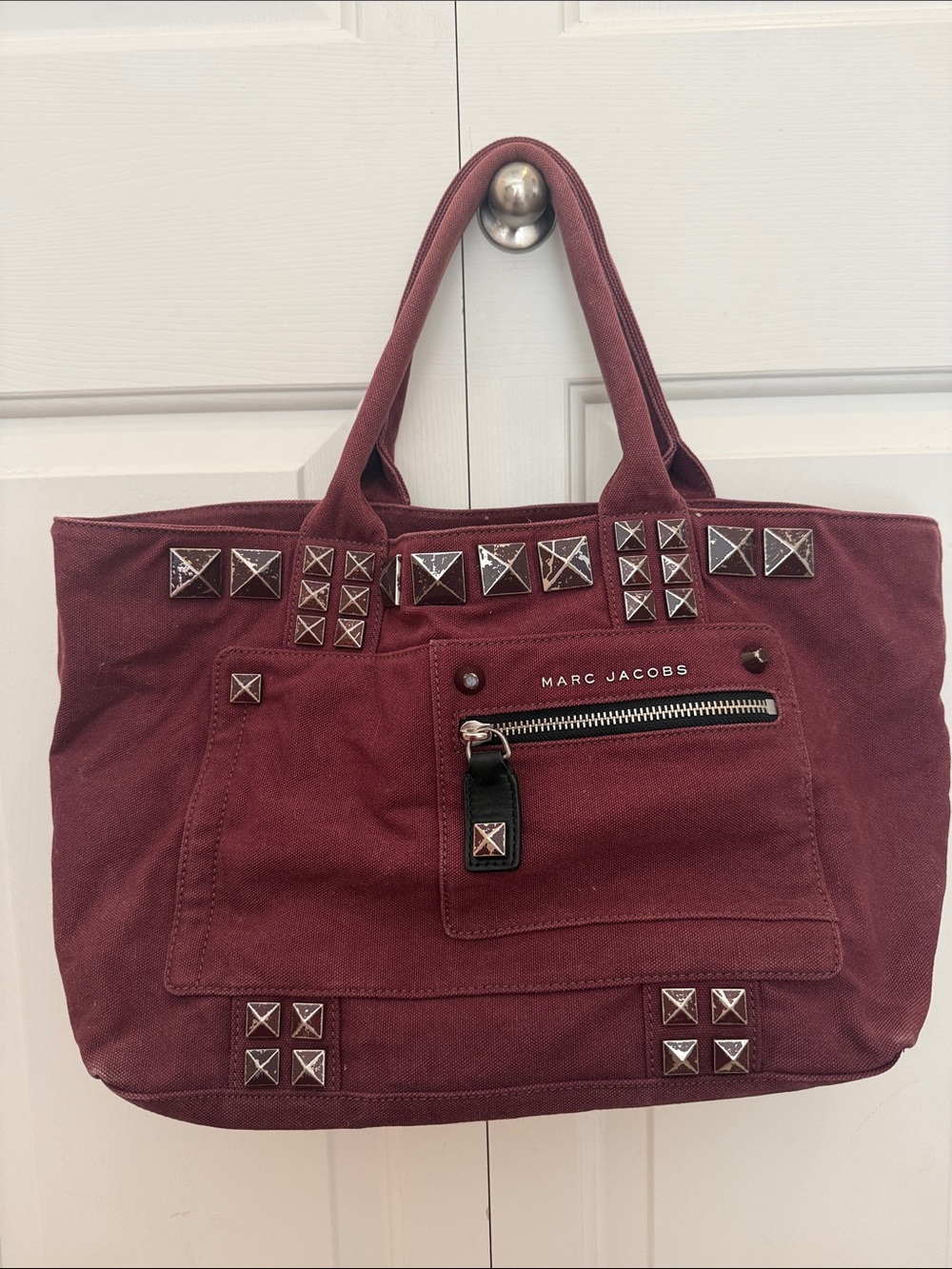 Marc Jacobs Burgundy Canvas Studded Tote
